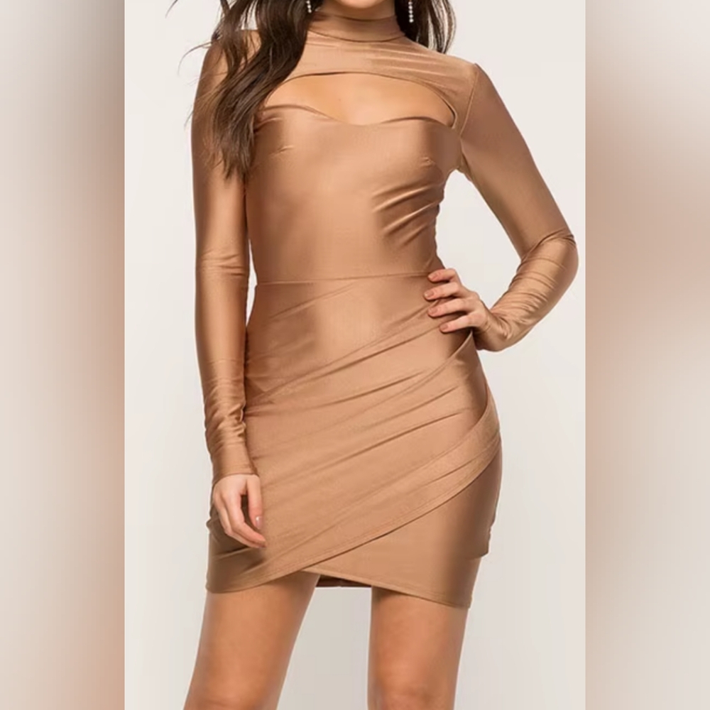 Fashion Nova Gold Long Sleeve Bodycon Dress